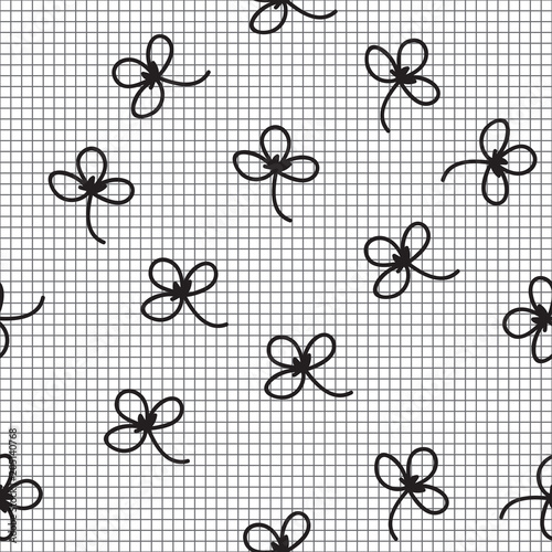 Vector Uniform black and white Grid checkered with flower seamless pattern.