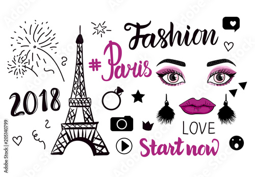 Vector Paris Fashion symbols. Hand drawing Eiffel tower and inscriptions lettering isolated on white background.