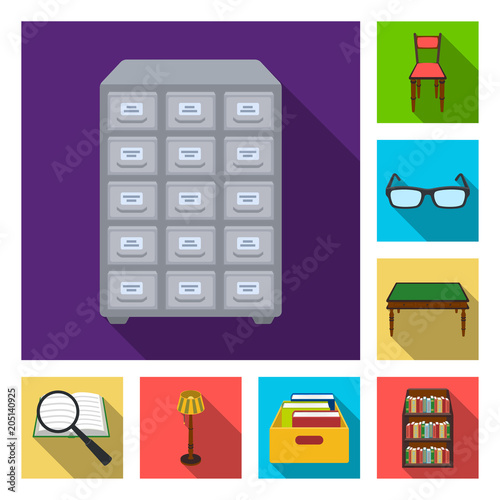 Library and bookstore flat icons in set collection for design. Books and furnishings vector symbol stock web illustration.