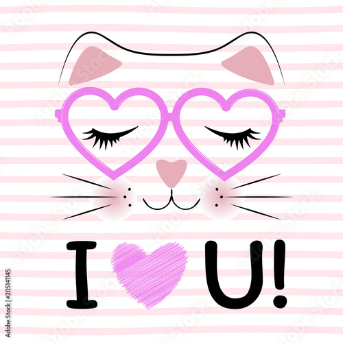 Cute cat in pink glasses and saying I love You.