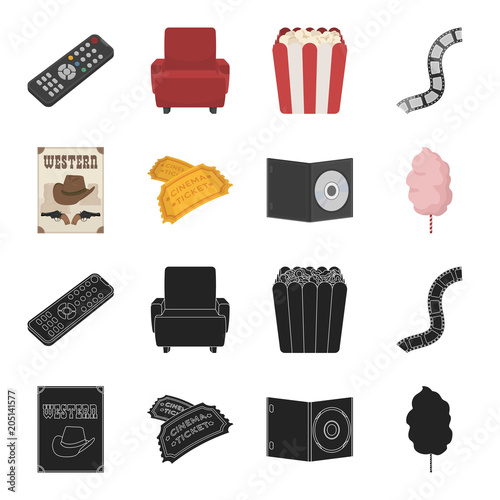 Western cinema, tickets, sweet cotton wool, film on DVD.Filmy and cinema set collection icons in black,cartoon style vector symbol stock illustration web.