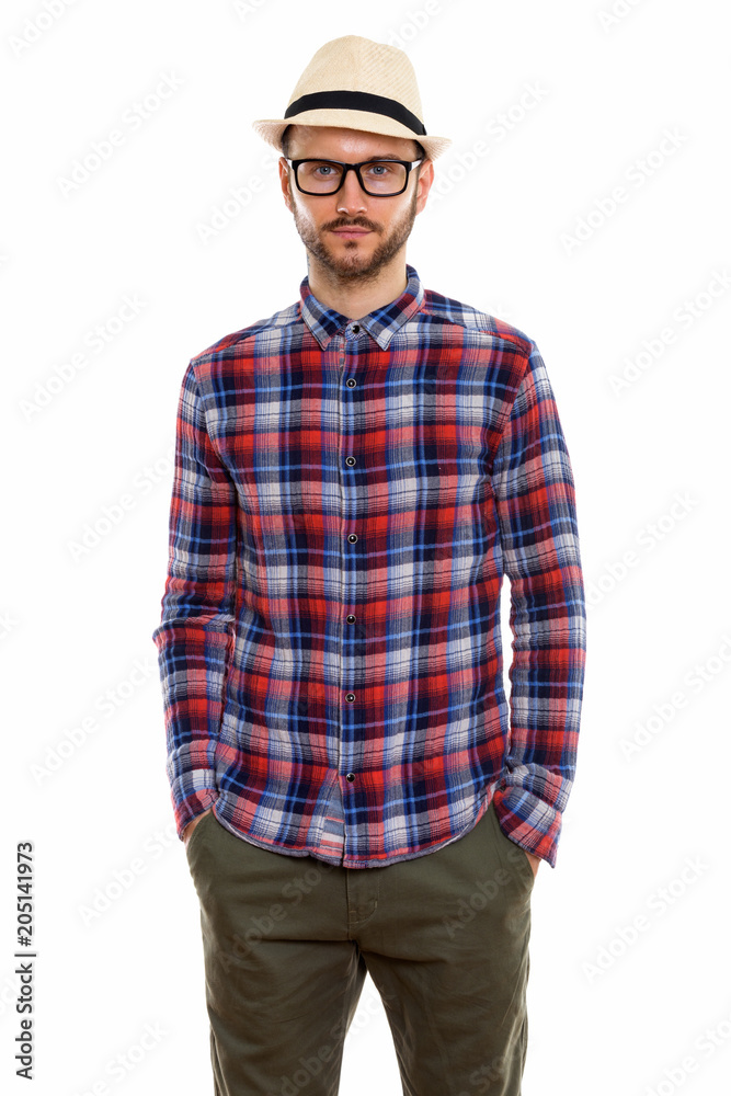 Young handsome bearded tourist man ready for vacation Young handsome bearded tourist man ready for vacation