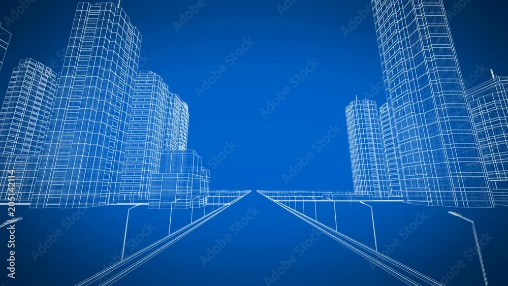 Beautiful Modern City Growing Process in Digital 3d Blueprint. Construction and Technology Concept. Blue Color 3d Animation Looped. 4k Ultra HD 3840x2160.