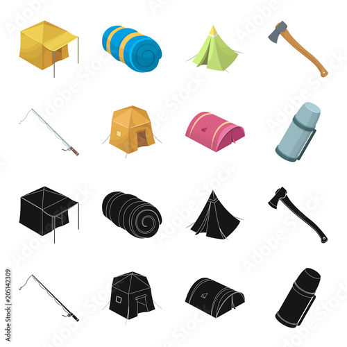 Spinning for fishing, tent, thermos.Tent set collection icons in black,cartoon style vector symbol stock illustration web.