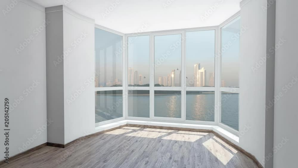 Bow window with view on island with skyscrapers in city and birds flying in sky. Background Plate, Chroma Key Video Background