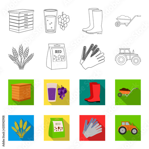 Spikelets of wheat, a packet of seeds, a tractor, gloves.Farm set collection icons in outline,flat style vector symbol stock illustration web.