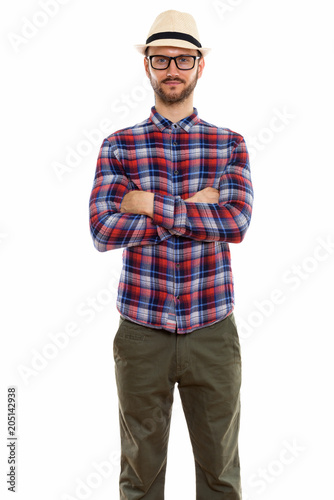 Young handsome bearded tourist man ready for vacation