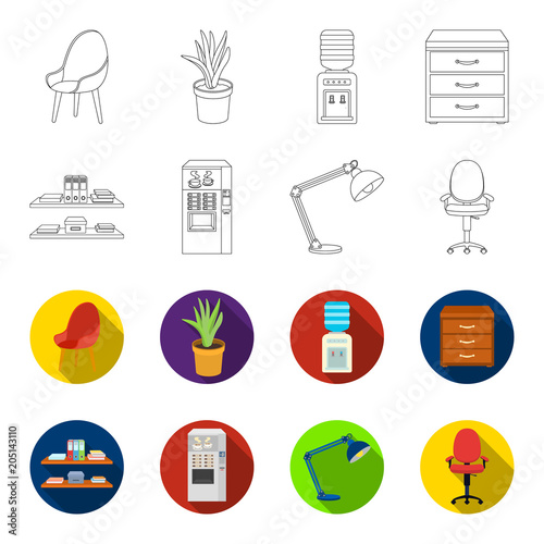 Shelves, folders and notebooks with business records, a coffee machine with cups, an armchair with a backrest on wheels, a desk lamp. Office Furniture set collection icons in outline,flat style vector
