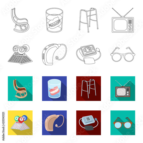 Lottery, hearing aid, tonometer, glasses.Old age set collection icons in outline,flat style vector symbol stock illustration web.