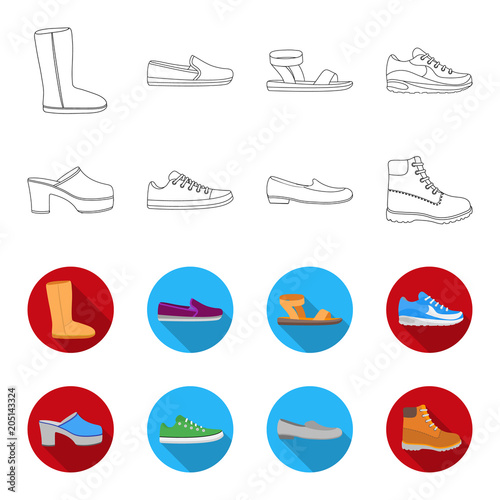 Flip-flops, clogs on a high platform and heel, green sneakers with laces, female gray ballet flats, red shoes on the tractor sole. Shoes set collection icons in outline,flat style vector symbol stock
