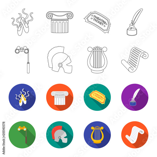 Theatrical binoculars, a helmet, a harp and a paper scroll. The theater set collection icons in outline,flat style vector symbol stock illustration web.
