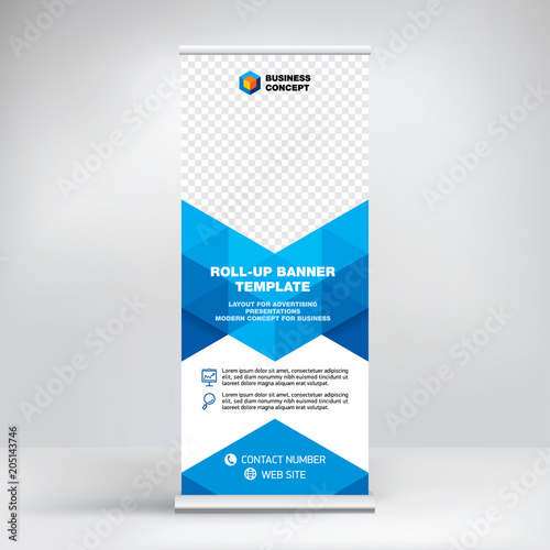 Roll-up banner template, advertising stand design. Layout for seminars, presentations, conferences, promotions, placement of photos and text, creative geometric background
