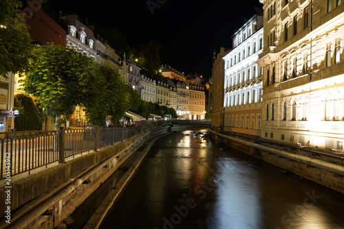 View at the beautiful streets and the river in Calrsbad (Karlovy Vary), Czech Republic at night