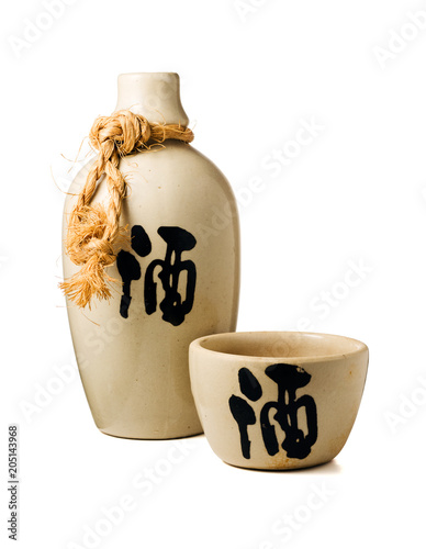 Sake bottle and cup isolated on white background