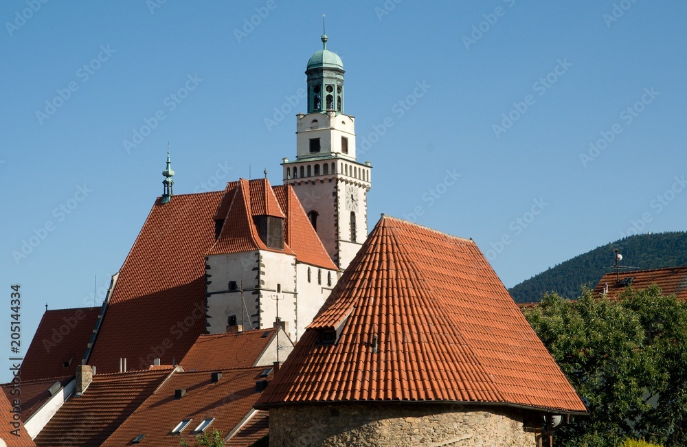 Fototapeta premium Historic city fortifications and church St. Jacob the Greater in the town Prachatice in southern Bohemia, Czech republic, Europe,