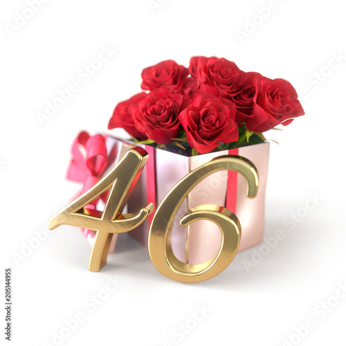 birthday concept with red roses in gift isolated on white background. forty-sixth. 46th. 3D render