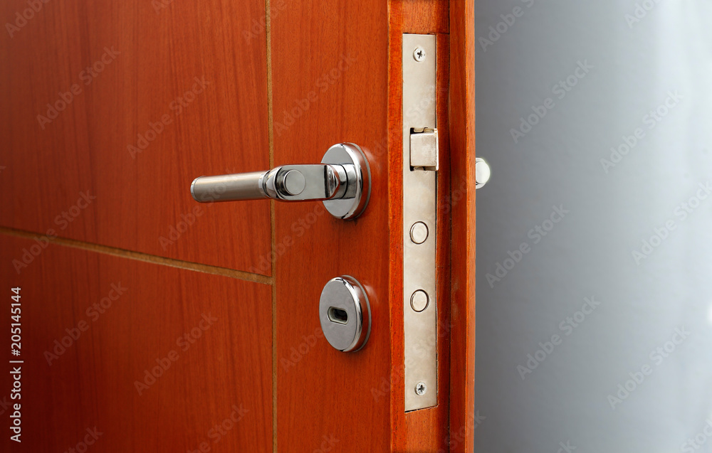 Obraz premium Open door of a family home. Close-up of the lock an armored door.