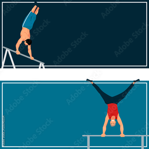 Horizontal bar chin-up strong athlete man cards gym exercise street workout tricks muscular fitness sport pulling up character vector illustration.