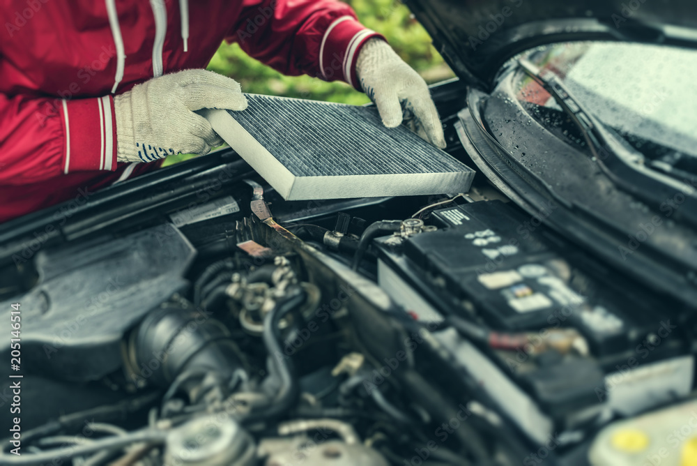 The auto mechanic replaces the car's interior filter. - obrazy, fototapety, plakaty 