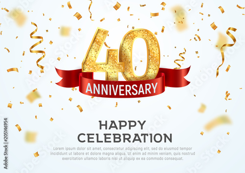 40 years anniversary vector banner template. Fortieth year jubilee with red ribbon and confetti on white background