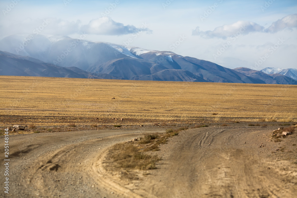 Country road through the steppe and mountains of Western Mongolia.