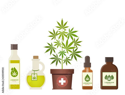 Marijuana plant and cannabis oil. Medical marijuana. Hemp oil in a jar. CBD oil hemp products. Oil glass bottle mock up. Packaging product label and logo graphic template. Vector illustration.