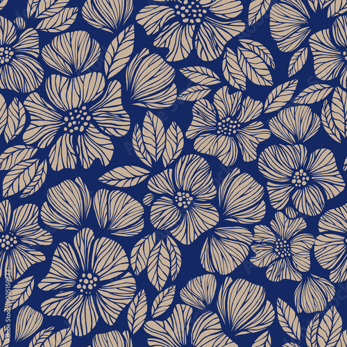 Seamless texture with flowers and plants. Floral ornament. Original floral pattern. Hand drawing. Blue and gold.