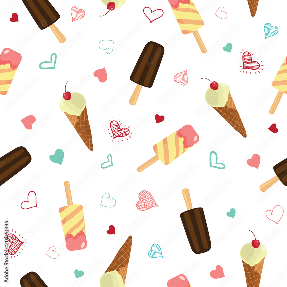 Cute ice cream and hearts seamless pattern. Great for yummy summer dessert  wallpaper, backgrounds, packaging, fabric, scrapbooking, and giftwrap  projects. Surface pattern design. Stock Vector | Adobe Stock