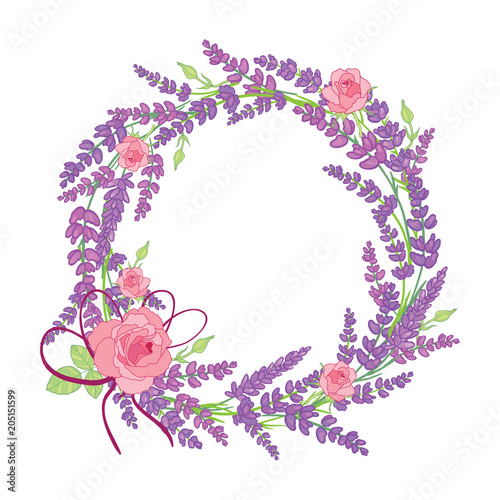 Rose and lavender flowers wreath decor arrangement design element. Elegant pu...