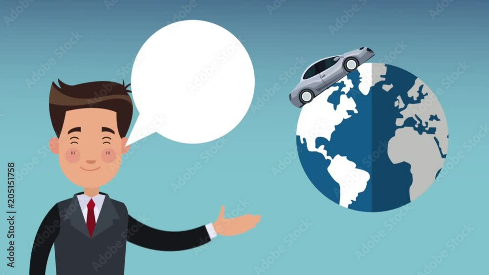 Businessman talking with car around world cartoons High Definition animation colorful scenes Businessman talking with car around world cartoons High Definition animation colorful scenes