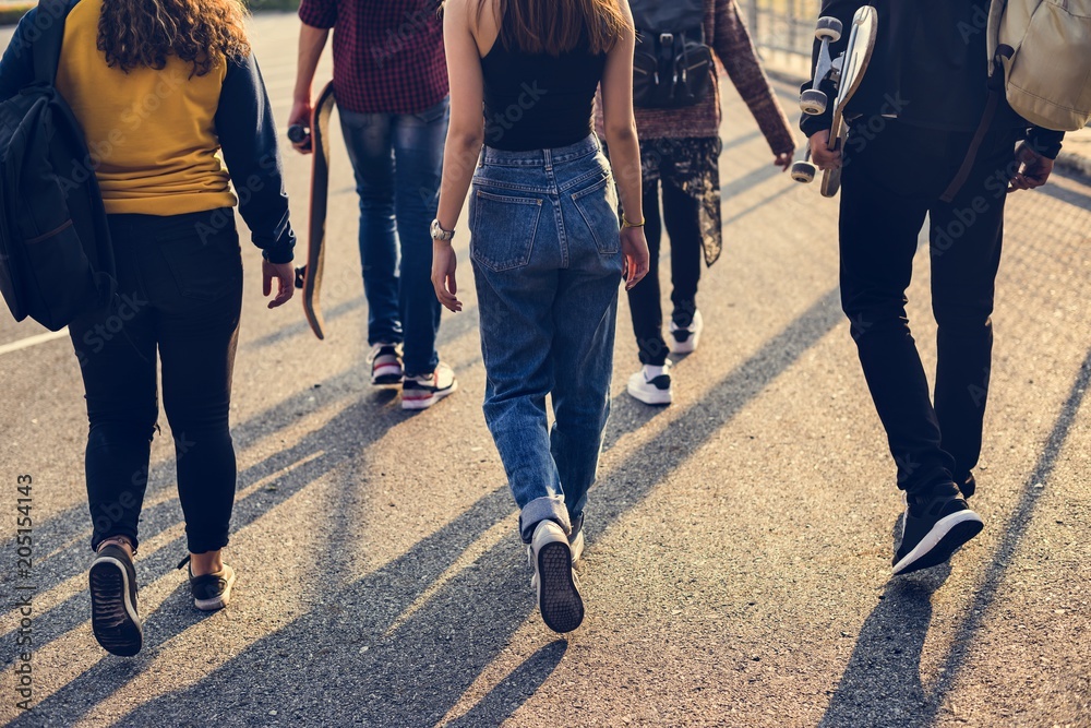 Rear view of group of school friends walking outdoors lifestyle - obrazy, fototapety, plakaty 