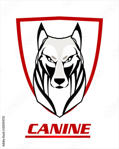 canine on shield., wolf, coyote, husky, fox, dog