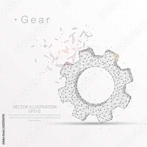 Gear digitally drawn low poly wire frame on white background.