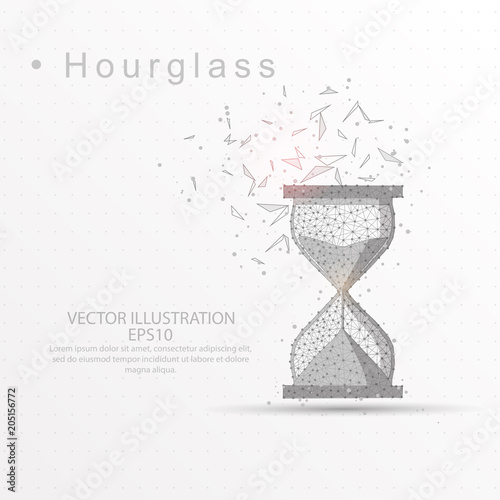 Hourglass digitally drawn low poly wire frame on white background.