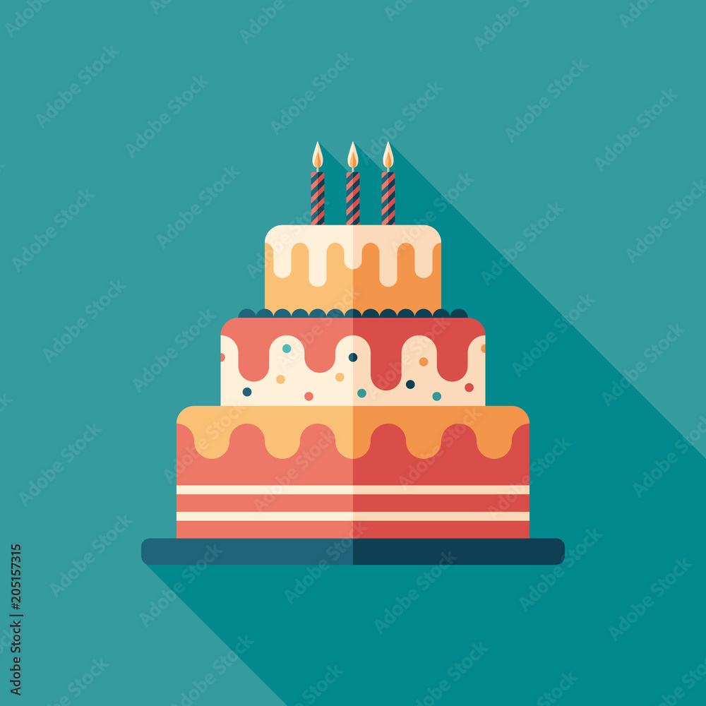 Festive cake flat square icon with long shadows.