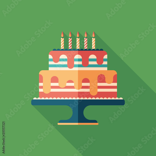 Birthday celebration cake flat square icon with long shadows.