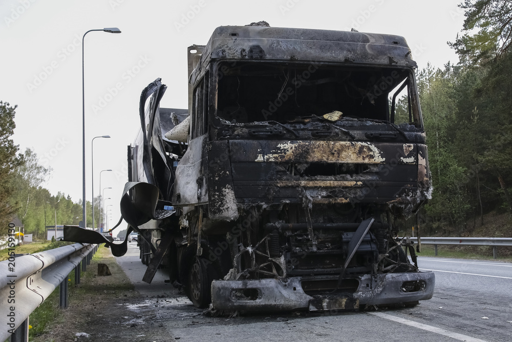 Burned truck in a roadside