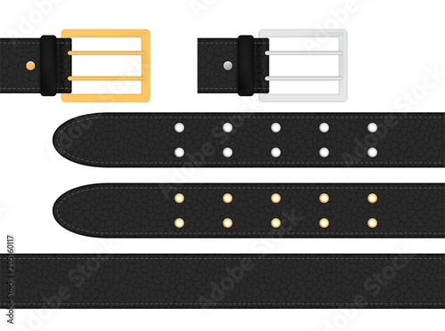 Seamless black leather belt with metallic silver and golden buckle. Isolated vector illustration.