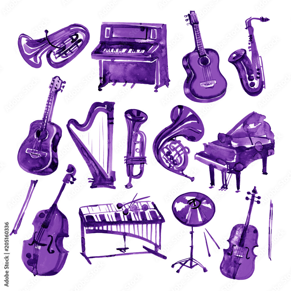 Set of hand draw violet watercolor musical instruments Stock Illustration |  Adobe Stock