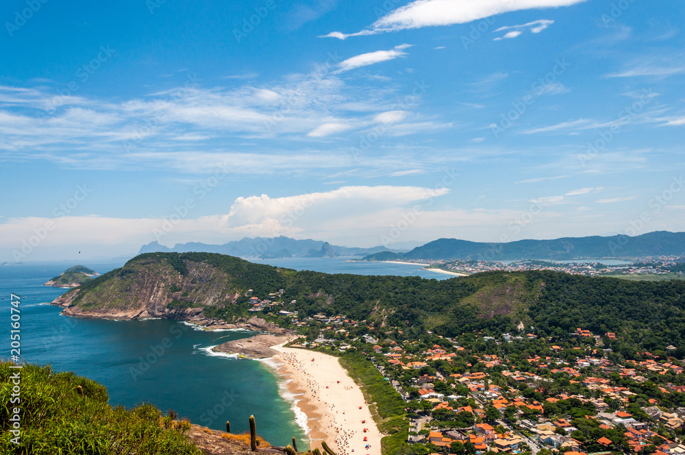 View from the top of Costao de Itacotiara (Itacoatiara rock) to Itacoatiara beach, at Niteroi, Rio de Janeiro, RJ, Brazil