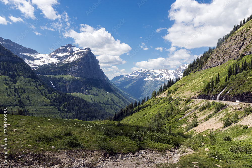 Lanscape image of Glacier National Park along the Going-To-The-Sun road in Northern Montana in the Summer time