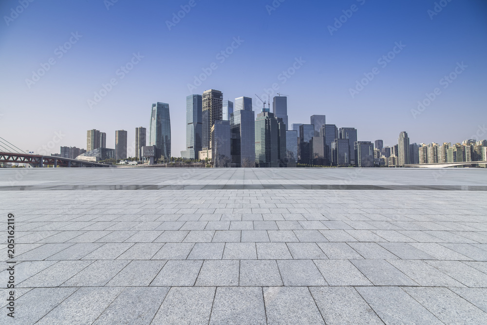 Panoramic skyline and buildings with empty concrete square floor，chongqing city，china