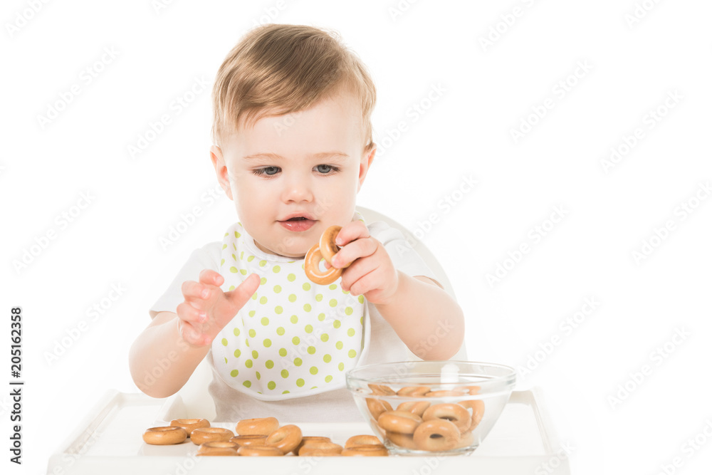 happy baby boy eating bagels in highchair isolated on white background happy baby boy eating bagels in highchair isolated on white background
