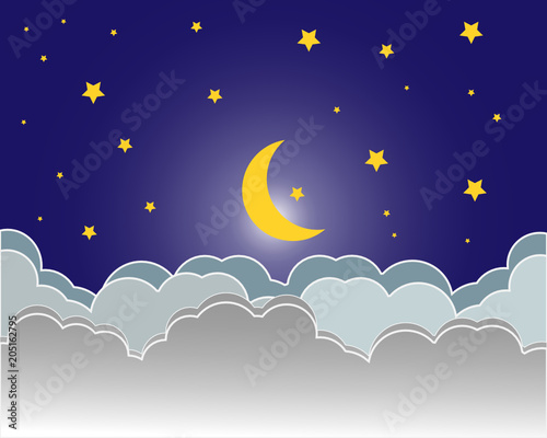 moon and stars in midnight .paper art style