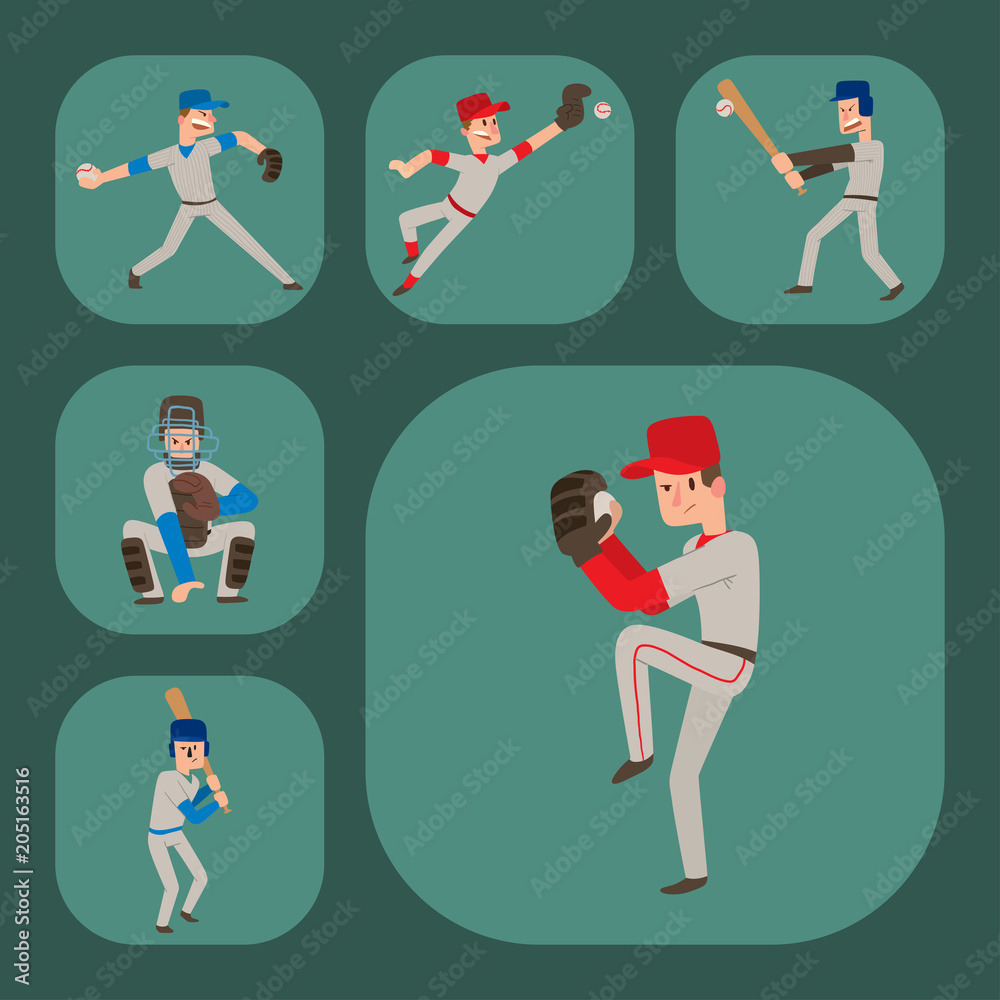 Baseball team player vector sport man in uniform game poses situation professional league sporty character winner illustration.