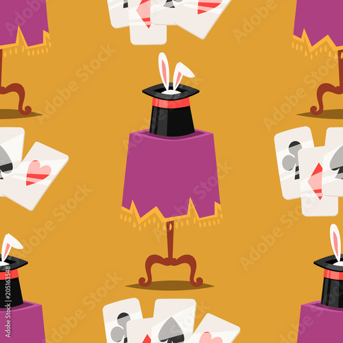 Magic effect trick vector magician tools and surprise entertainment magical fantasy carnival mystery cartoon miracle seamless pattern bakground illustration.