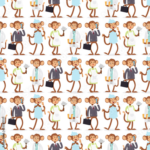 Monkeys rare animal vector cartoon macaque like people nature primate character wild zoo ape chimpanzee seamless pattern bakground illustration.