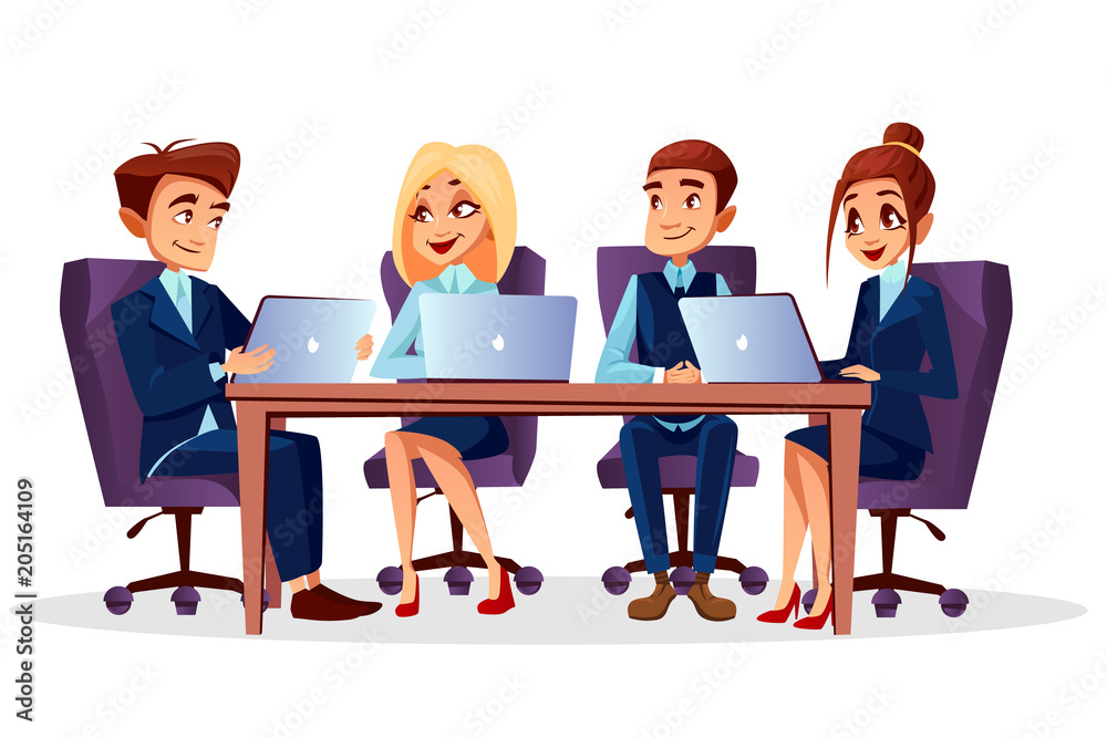 Vector cartoon business people sitting at desk with laptops communicating  at brainstorming, meeting or conference. Teamwork, teambuilding concept.  Happy men, women characters, managers office workers Stock Vector | Adobe  Stock