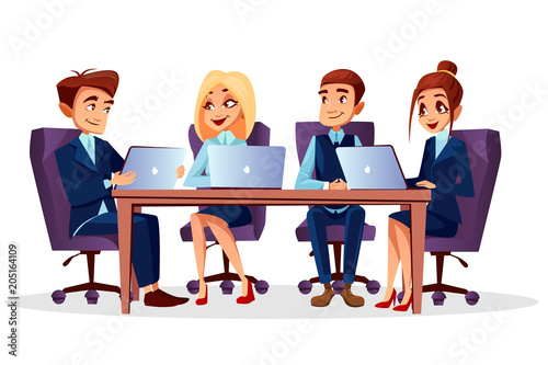 Vector cartoon business people sitting at desk with laptops communicating at brainstorming, meeting or conference. Teamwork, teambuilding concept. Happy men, women characters, managers office workers