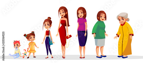 Woman age vector illustration of female generation cycle. Women life stages from child to adolescence and elderly cycle of cartoon isolated flat characters